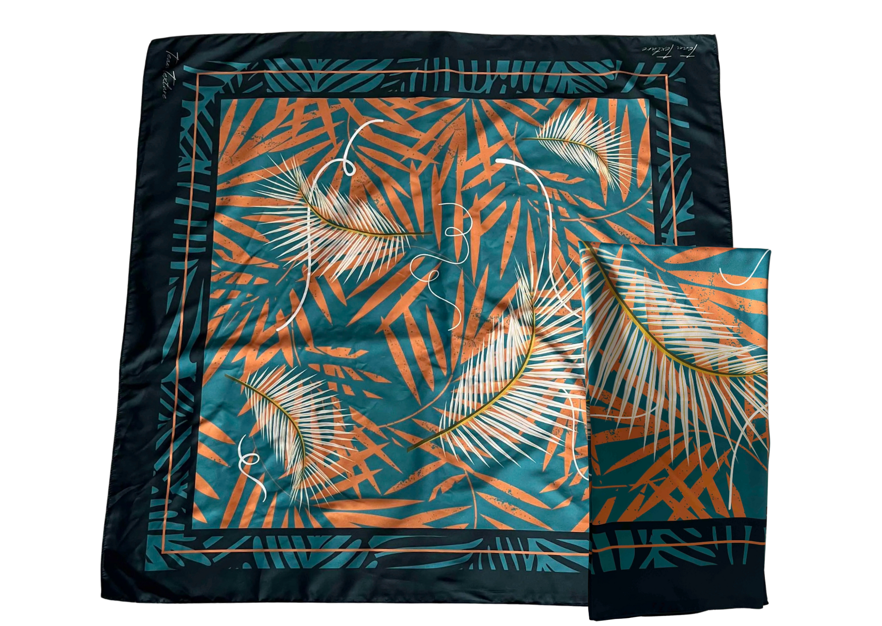 Silky Scarf in Blue and Orange Leaf Print