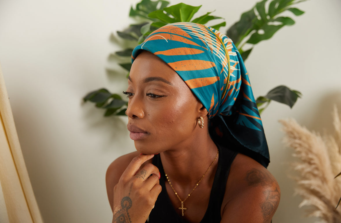 Silky Scarf in Blue and Orange Leaf Print