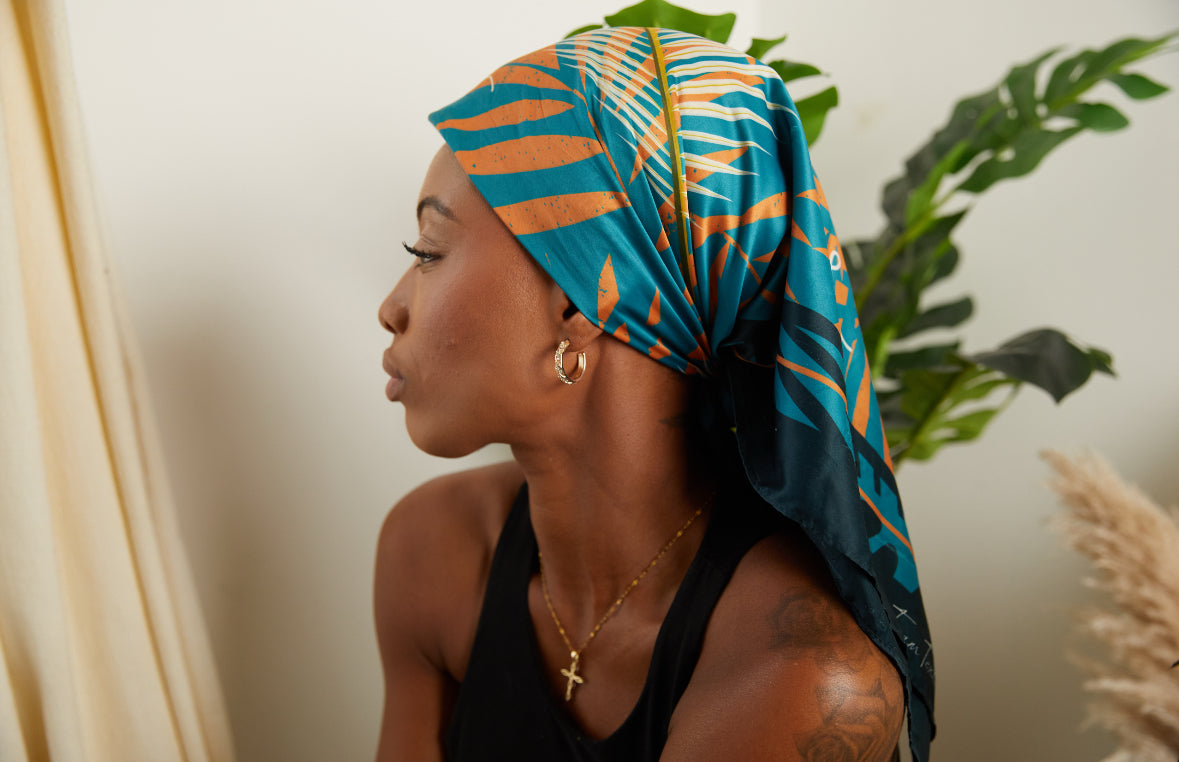 Silky Scarf in Blue and Orange Leaf Print
