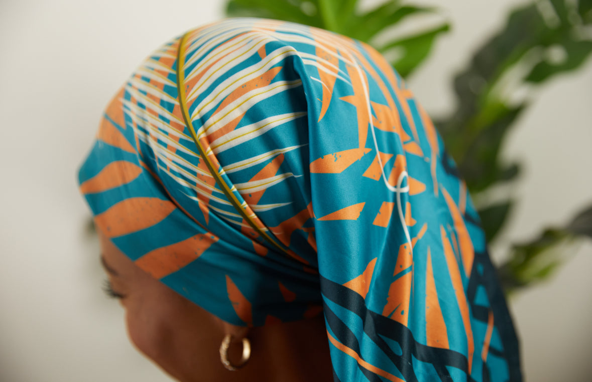 Silky Scarf in Blue and Orange Leaf Print