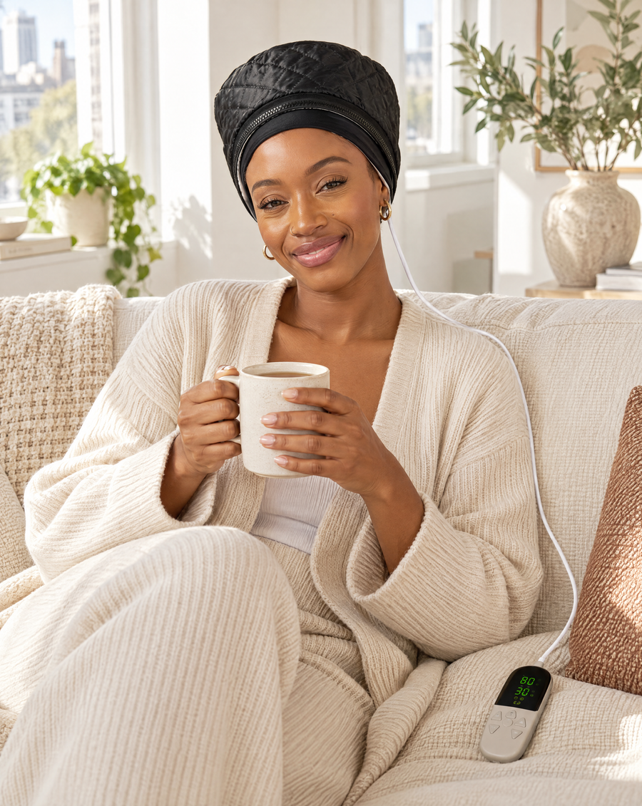 Woman relaxing at home in the black TT Heat Hat and Self-Care Headband