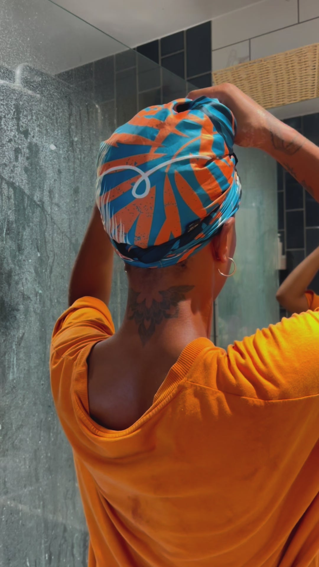 Load video: Silky Scarf in Blue and Orange Leaf Print - BACK IN STOCK