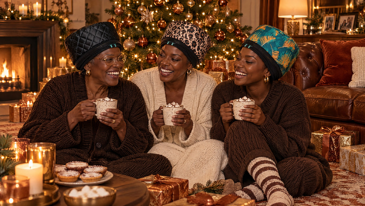 Grandma, mum and daughter laughing together by the Christmas tree wearing Team Texture Heat Hats
